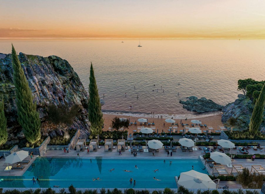 Nammos Montenegro — sunset over the private beach and pool terrace